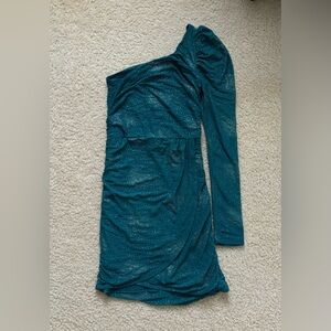 teal shimmer asymmetrical one shoulder homecoming dress